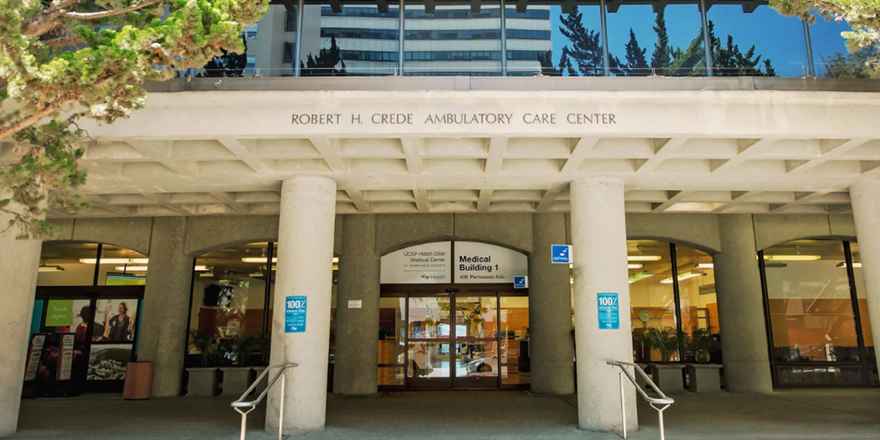 Exterior entrance of the Robert H. Crede Ambulatory Care Center at UCSF, showing columns, glass doors, and building signage at 400 Parnassus Avenue in San Francisco.