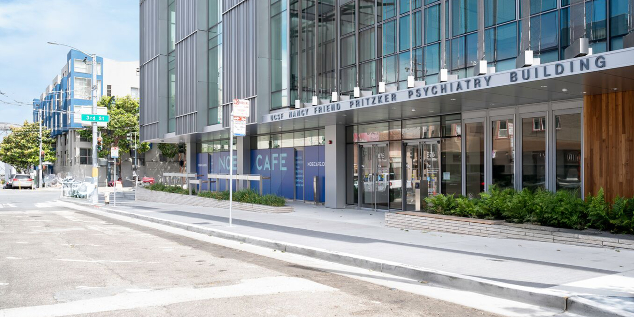Exterior entrance of the UCSF Nancy Friend Pritzker Psychiatry Building at 675 18th Street in San Francisco.
