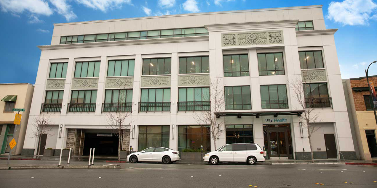 Exterior view of the UCSF Health building at 225 California Drive in Burlingame, California.