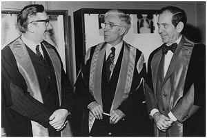Howard L. Steinbach, MD (right) and Sir Godfrey Hounsfield (left) receiving Honorary Fellowships in the Royal College of Radiology.