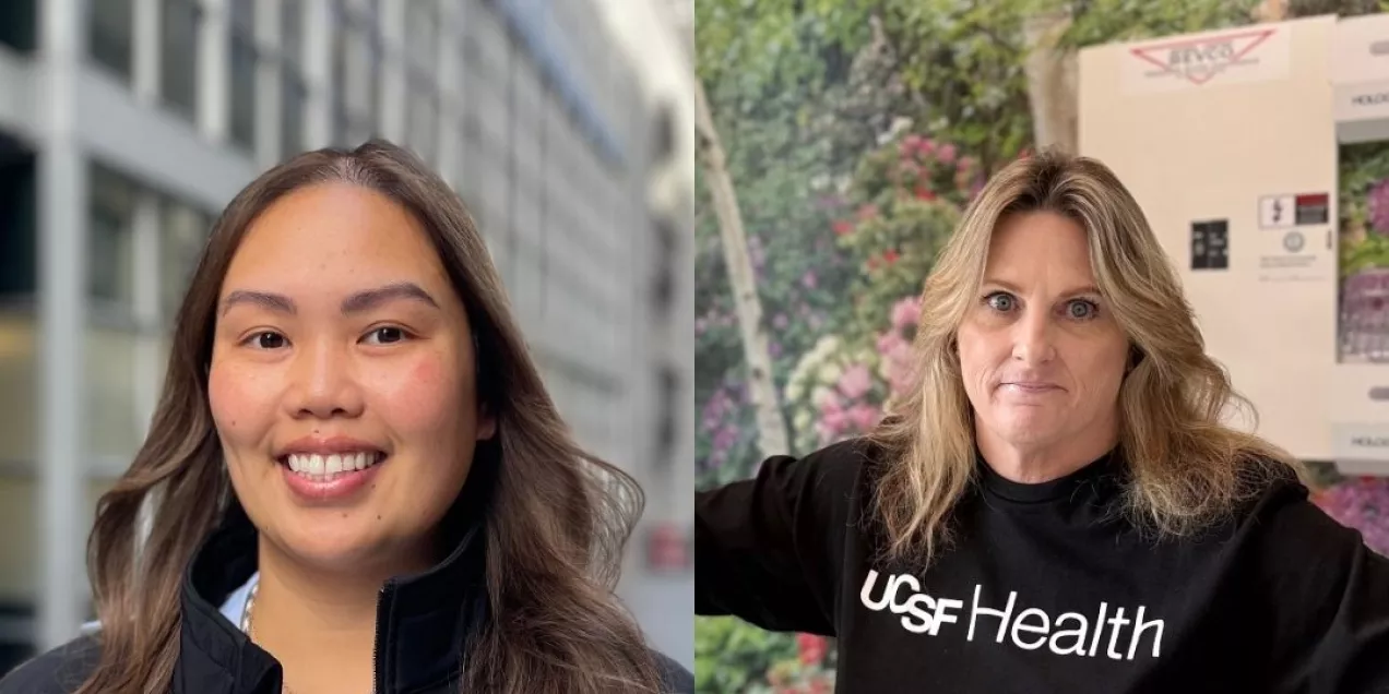 Two UCSF Health staff members featured side by side. On the left, one smiles outdoors in an urban setting wearing a black UCSF jacket. On the right, another stands confidently beside a mammography machine in a clinic room with a nature-themed wall mural, wearing a black UCSF Health sweatshirt.