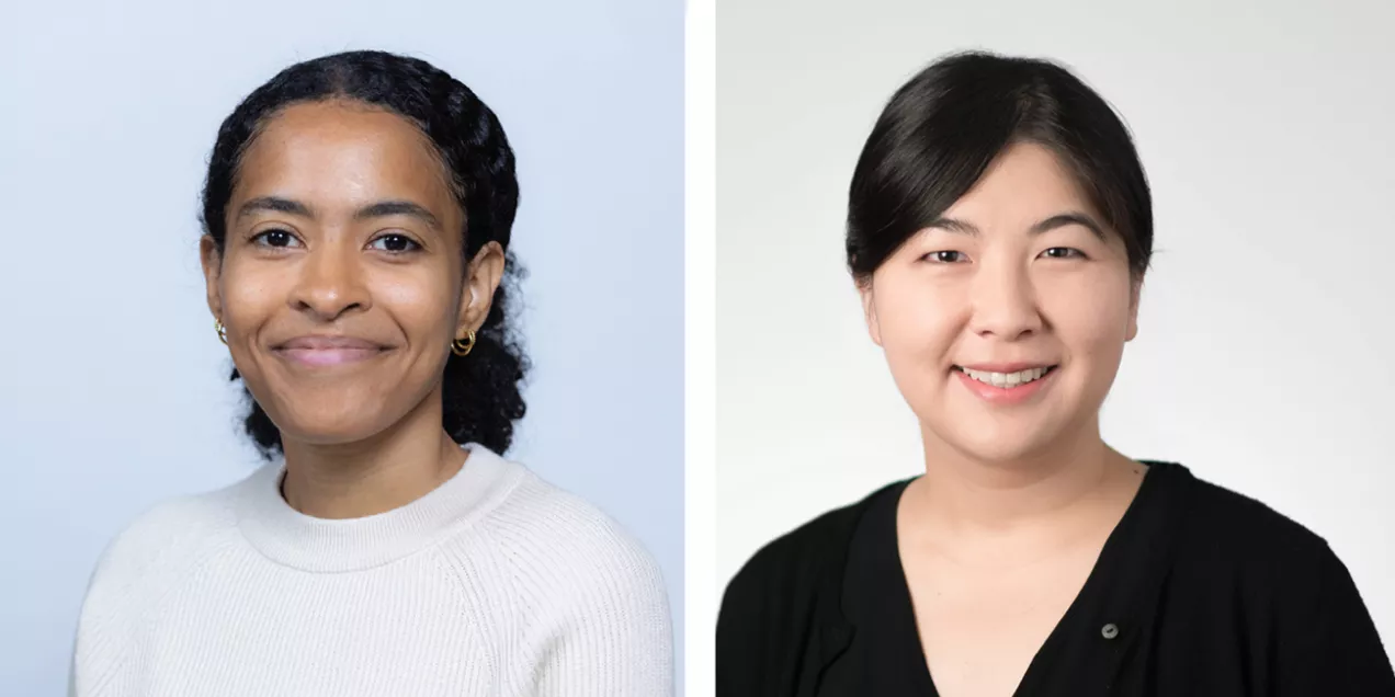 Lydia Kwarteng and Amie Lee who are side by side; on the left, a woman with dark curly hair pulled back, wearing a light knit sweater and small hoop earrings, smiling softly; on the right, a woman with straight dark hair in a low updo, wearing a black top and cardigan, also smiling.