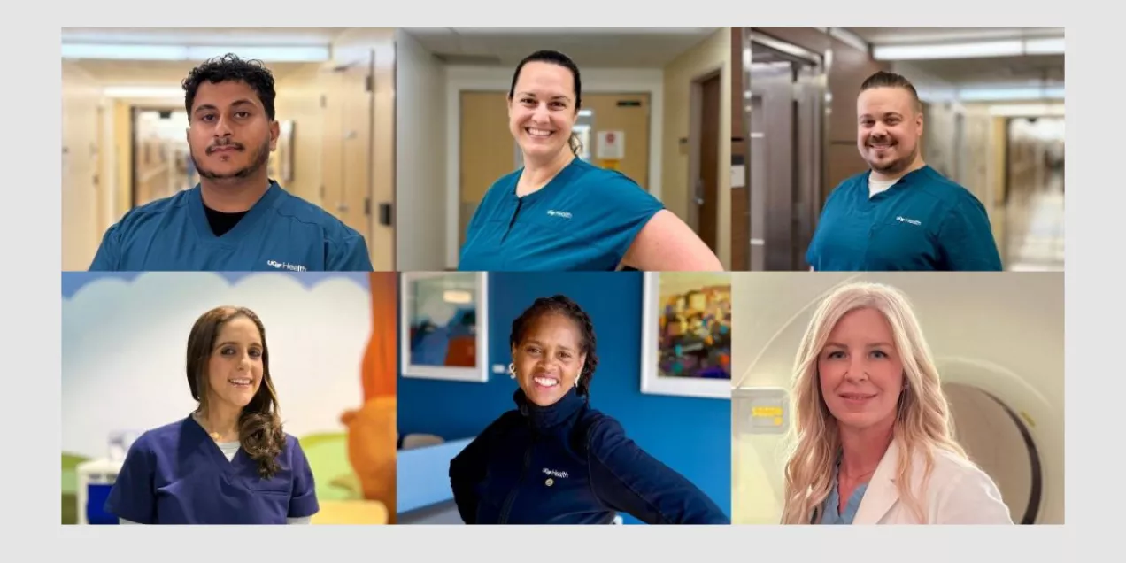 A collage of six UCSF healthcare workers shown in individual portraits. Top row: a man in teal scrubs standing in a hospital hallway, a woman in teal scrubs smiling with her hands on her hips, and a man in teal scrubs standing in a bright hallway. Bottom row: a woman in navy scrubs standing in front of a colorful pediatric-themed wall, a woman in a dark jacket smiling in a lounge area, and a woman with long blonde hair wearing a white lab coat standing in front of medical imaging equipment.