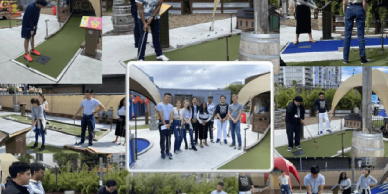 Photo collage of Larson Lab members playing mini golf, with a group photo in the center.