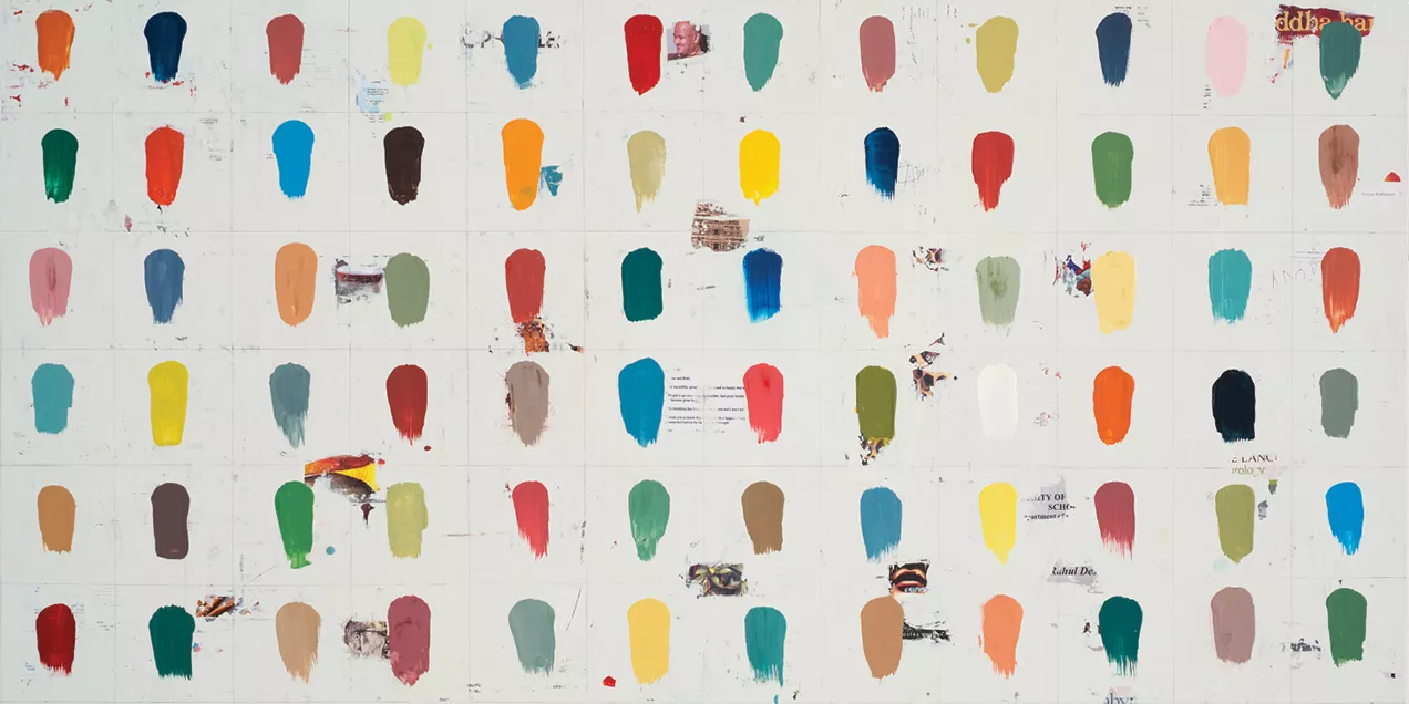 Grid of multicolored paint swatches arranged in rows on a white, lightly textured background, with visible brushstrokes and subtle layered marks.