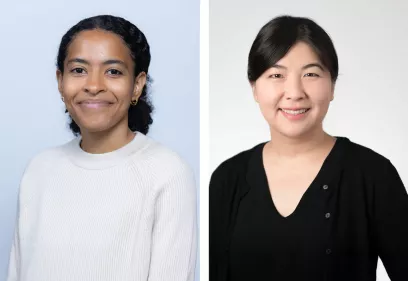 Lydia Kwarteng and Amie Lee who are side by side; on the left, a woman with dark curly hair pulled back, wearing a light knit sweater and small hoop earrings, smiling softly; on the right, a woman with straight dark hair in a low updo, wearing a black top and cardigan, also smiling.